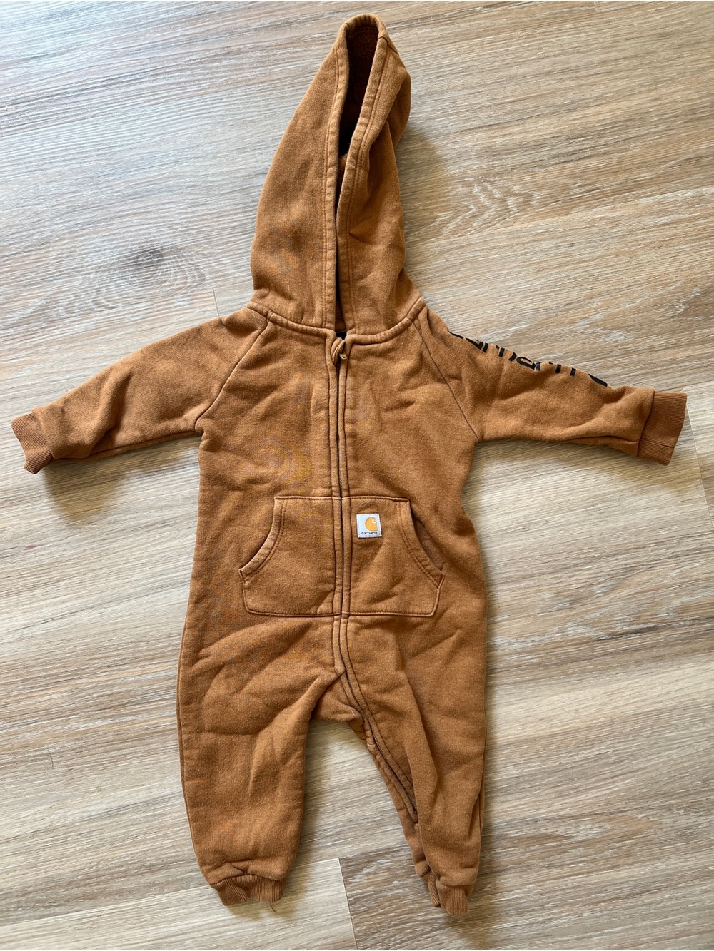 Carhartt Baby Hooded Coverall Brown Zip Front Romper 6M Fleece Lined